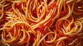 A close up of a pile of spaghetti and sauce on top, AI