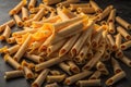close up of a pile of uncooked italian penne pasta. generative ai