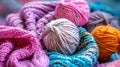 A close up of a pile of yarn balls with different colors, AI