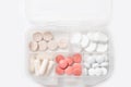 Close-up of pill case with various pills, capsules Royalty Free Stock Photo