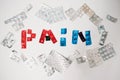 Close up of pill package on white background. the word pain