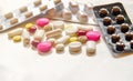 Close-up of the pills on the white background, The drug and capsule pills on the floor, Royalty Free Stock Photo