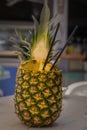 A pinacolada coctail in fresh pineapple fruit on the beachbar table. Royalty Free Stock Photo