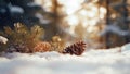 Close-up of pine branch on the ground with fresh snow, ai generated