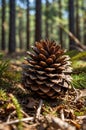 Pine Cone on Forest Floor in Sunlight, Nature Close Up View Royalty Free Stock Photo