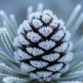 Close-up of a pine cone (Pinus sp.) covered in frost. The intricate ice crystals form symmetrical Royalty Free Stock Photo