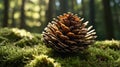 A Single Pinecone Resting Peacefully on Soft Moss Bed in Forest Sunlight Royalty Free Stock Photo