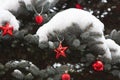 Close-up of pine tChristmas tree covered with snow and decorated with red balls and stars Royalty Free Stock Photo