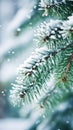 A close up of a pine tree branch with snow falling, AI