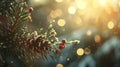 A close up of a pine tree with red berries and snow, AI Royalty Free Stock Photo