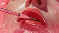 Close-up of pink beautiful lips with syringe with beauty injection needle, banner Royalty Free Stock Photo