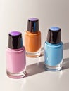 Pink, blue and orange nail polishes.