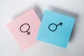 Stickers with gender symbols Venus and Mars indicate man and woman on white background. Heterosexuality