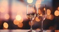 Close up of pink champagne glasses with sparkling bokeh lights background for festive celebration