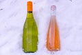 A bottle of wine and fruit cocktail on the snow Royalty Free Stock Photo