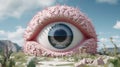 A close up of a single separate pink eye with a mountain in the background, AI
