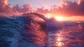 Close up of pink foamy wave on the background of sunset Royalty Free Stock Photo