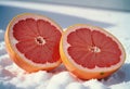 Close-Up of Pink Grapefruit Halves in Snowy Scene Royalty Free Stock Photo
