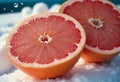 Close-Up of Pink Grapefruit Halves in Snowy Scene Royalty Free Stock Photo