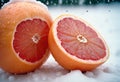Close-Up of Pink Grapefruit Halves in Snowy Scene Royalty Free Stock Photo