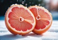 Close-Up of Pink Grapefruit Halves in Snowy Scene Royalty Free Stock Photo