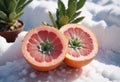 Close-Up of Pink Grapefruit Halves in Snowy Scene Royalty Free Stock Photo