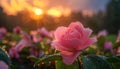 Close up of a pink Hybrid tea rose with water drops, in a field at sunset Royalty Free Stock Photo