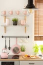 Close-up of pink kitchen tools, shelves with mugs and wooden board with food in a kitchen interior. Real photo Royalty Free Stock Photo