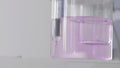 Close-up of pink liquid in transparent container. Action. Bubbling pink liquid in transparent flask of chemical