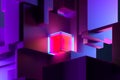 Close Up Of Pink Neon Bright Cube On Violet Abstract Geometric Foursquare Figures With Copy Space. 3d Rendering