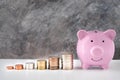Close-up of pink piggy bank smile with coins stack stair step up growing growth saving money. concept Business Finance, Royalty Free Stock Photo