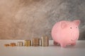 Close-up of pink piggy bank smile with coins stack stair step up growing growth saving money. Royalty Free Stock Photo