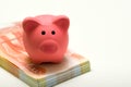 Close-up of a pink piggy Bank on a white background, sitting on a bundle of money, rubles. With space for text.