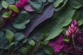 Close up of pink and purple bougainvillea flowers and green leaves. generative ai Royalty Free Stock Photo
