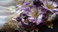 Close up of pink and purple flowers on white fabric with gold embroidery, Generative AI Royalty Free Stock Photo