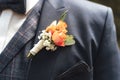 Close up of pink rose wedding boutonniere on groom`s suit. Beautiful posy on lapel of jacket. Wedding day concept. Royalty Free Stock Photo