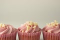 Close up pink, strawbery, fruit cupcakes isoalted. Sweet dessert, shortcakes with cream. Birthday food, cake, muffin. Tempalte for Royalty Free Stock Photo