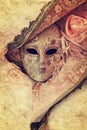 Close up of a pink woman venetian mask on textured background