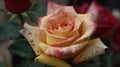 a close up of a pink and yellow rose with drops of water on it\'s petals and a green leafy plant behind it Royalty Free Stock Photo