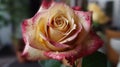 a close up of a pink and yellow rose with drops of water on it\'s petals and a green plant in the back ground Royalty Free Stock Photo