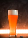 Close-up of a pint glass of wheat foam beer on a dark background, pub menu