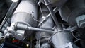 Close-up of pipelines and destillation tanks of an oil-refinery plant. Close up of steel pipes at modern beer factory Royalty Free Stock Photo