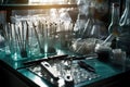 close-up of pipettes, test tubes, and other lab instruments in a sterile environment