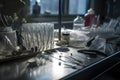 close-up of pipettes, test tubes, and other lab instruments in a sterile environment