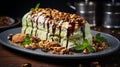 Close-up of Pistachio Yule log dessert with lots of almond pieces with melted chocolate on the top