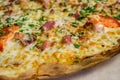 Close-up of pizza with ham, cheese, tomatoes and herbs and bacon. Food background