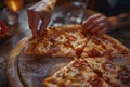 close-up Pizza with Mozzarella cheese, salami, pepper, pepperoni, olives, Spices and Fresh Basil. Italian pizza Royalty Free Stock Photo