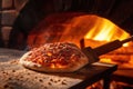 close-up of pizza peel sliding into brick oven Royalty Free Stock Photo
