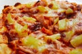 Close up of Pizza with pineapple,  mozzarella cheese, ham, bacon, pizza sauce. Sliced Hawaiian pizza texture Royalty Free Stock Photo