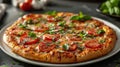 Close Up of a Pizza on a Plate on a Table Royalty Free Stock Photo
